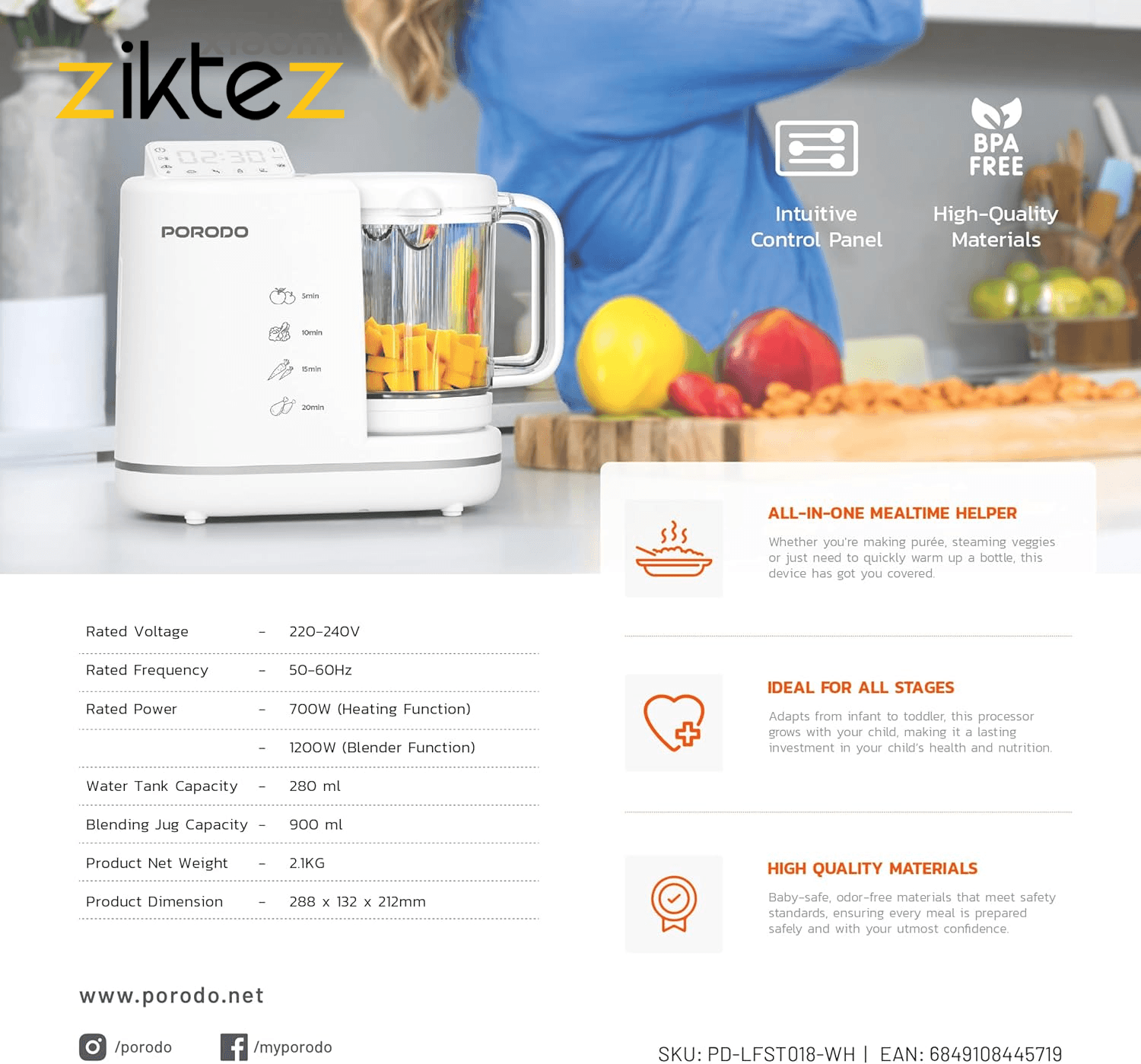 غذاساز کودک پرودو Porodo 7 In 1 Baby Food Processor LFS018 (اورجینال) — تصویر ۳