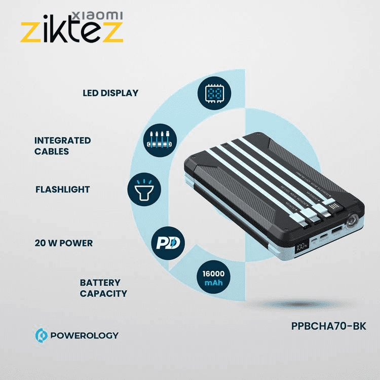 پاوربانک خورشیدی 16000 پاورولوژی Powerology Multi-Cable Power Bank PPBCHA70 (نسخه جدید اورجینال) — تصویر ۲