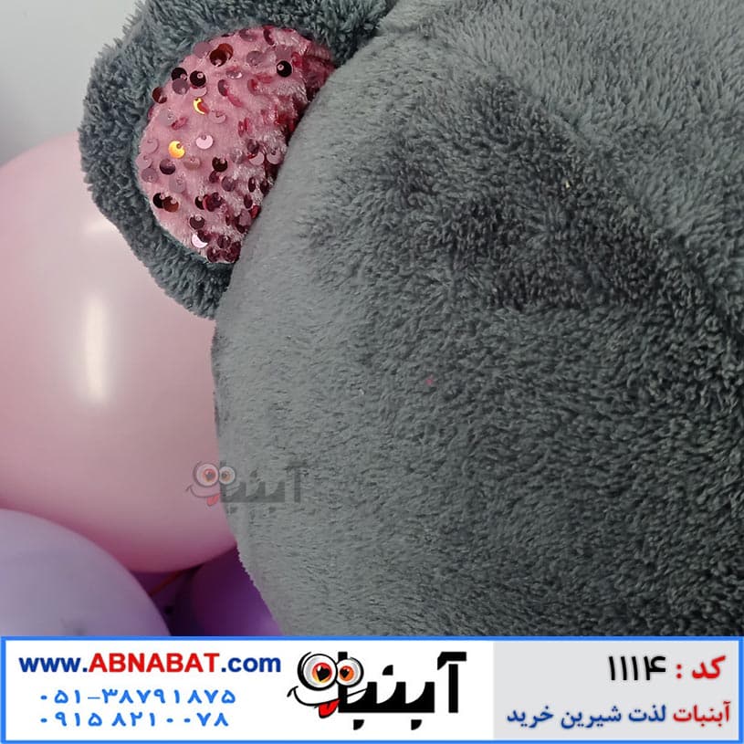 عروسک خرسی طوسی (خاکستری)یک متری پاپیون پولکی کد1114 — تصویر ۴