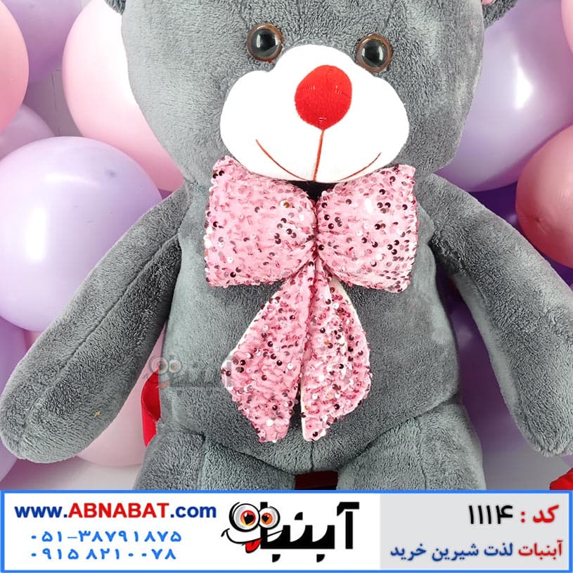 عروسک خرسی طوسی (خاکستری)یک متری پاپیون پولکی کد1114 — تصویر ۳