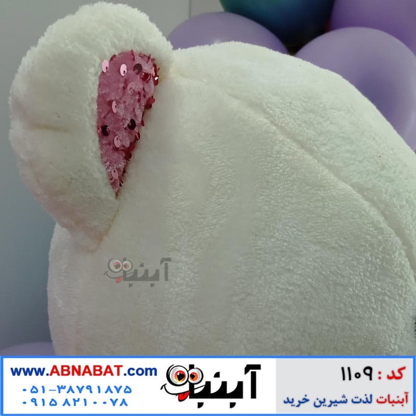 عروسک خرسی سفید یک متری پاپیون پولکی کد 1109 — تصویر ۵