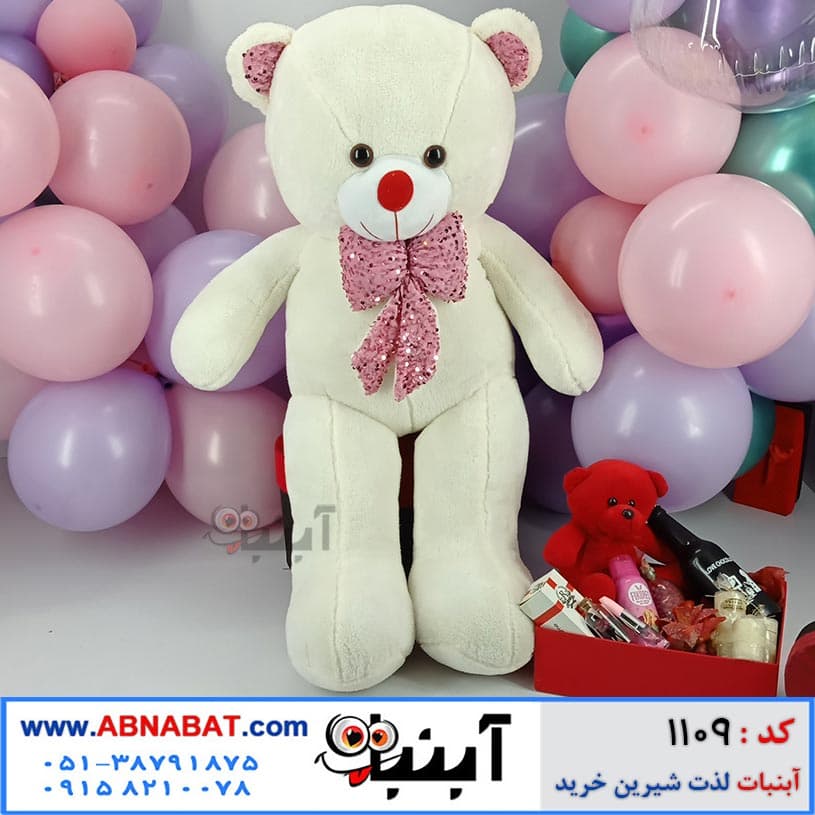 عروسک خرسی سفید یک متری پاپیون پولکی کد 1109 — تصویر ۲
