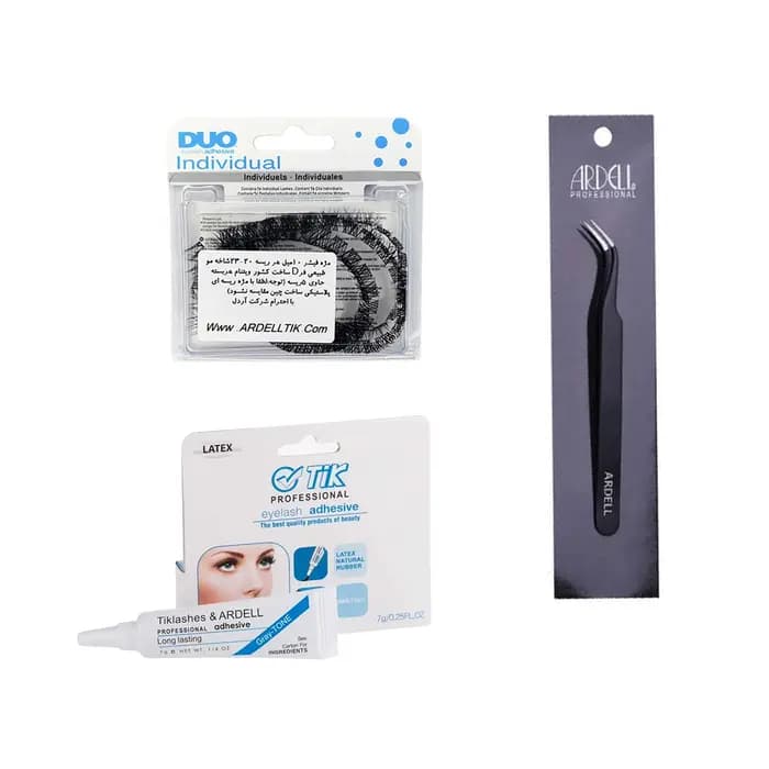 مژه فیشر فر دی دوو سایز 10 میلی متر بسته 5 ریسه ای DUO + چسب مشکی یک ماهه تیک + انبر آردل — تصویر ۲