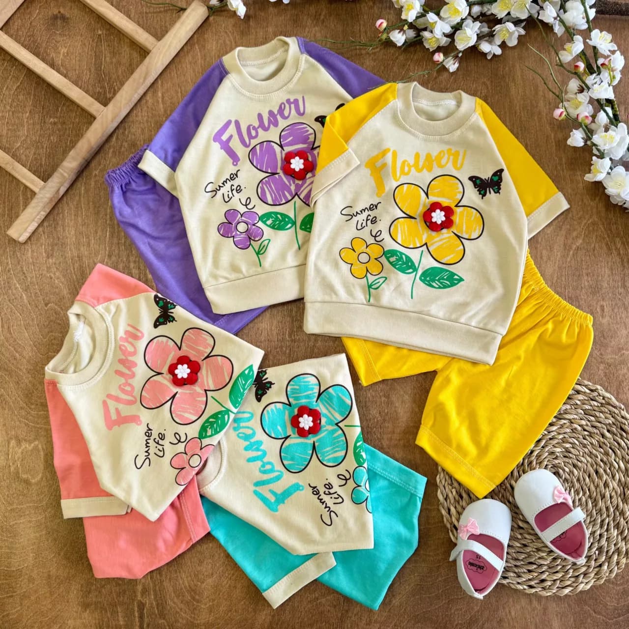 تیشرت شلوارک گل برجسته Flower کد 6580