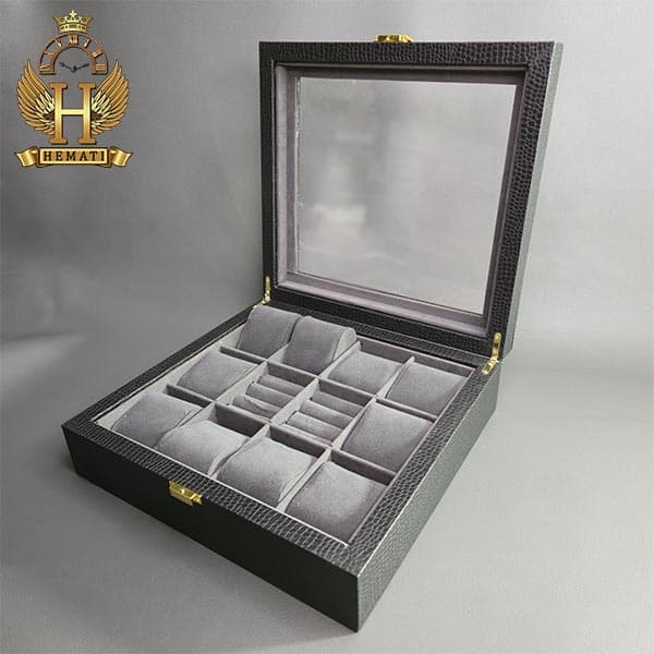 جعبه ساعت و انگشتر کلکسیونی 12 تایی روکش گالینگور BOXG104 (مشکی داخل طوسی) — تصویر ۳