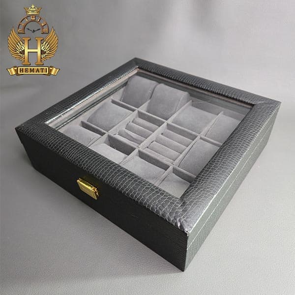 جعبه ساعت و انگشتر کلکسیونی 12 تایی روکش گالینگور BOXG104 (مشکی داخل طوسی) — تصویر ۴