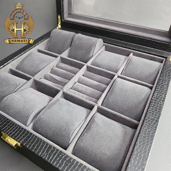 جعبه ساعت و انگشتر کلکسیونی 12 تایی روکش گالینگور BOXG104 (مشکی داخل طوسی) — تصویر ۲