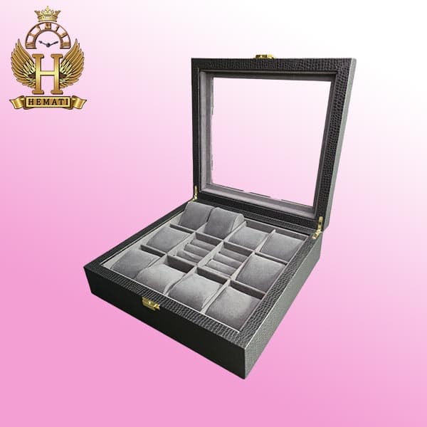 جعبه ساعت و انگشتر کلکسیونی 12 تایی روکش گالینگور BOXG104 (مشکی داخل طوسی)