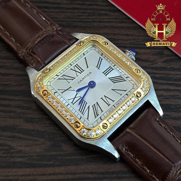 ساعت مچی زنانه کارتیر مدل دمونت دور قاب نگین CARTIER SANTOS DUMONT CSDL202 — تصویر ۲