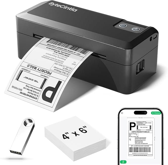 پرینتر حرارتی لیبل پستی ByteCintia – اتصال بی‌سیم بلوتوث و USB، چاپ سایز 4x6 (100x150 میلی‌متر)، ایده‌آل برای کسب‌وکارهای کوچک