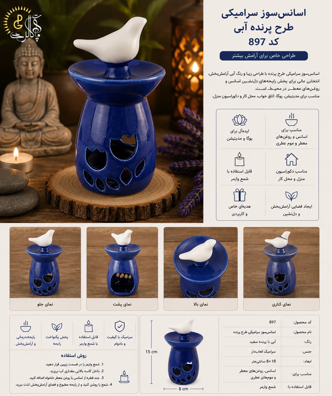 اسانسسوز سرامیکی طرح پرنده آبی کد 897 — تصویر ۳