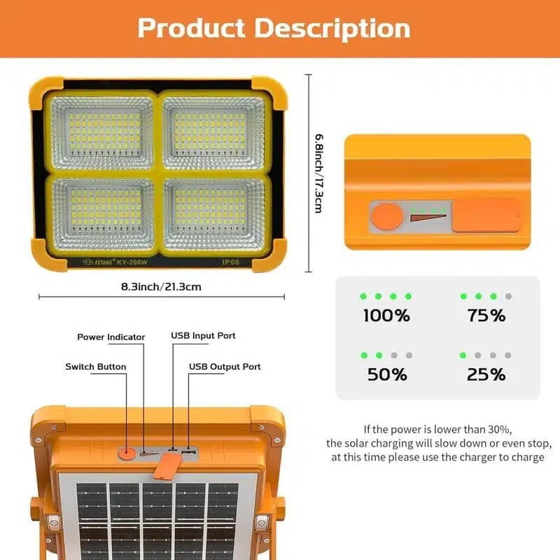 پرژکتور خورشیدی کیانگ KY-200W (۲۰۰ وات) | چراغ شارژی قدرتمند کمپینگ — تصویر ۳