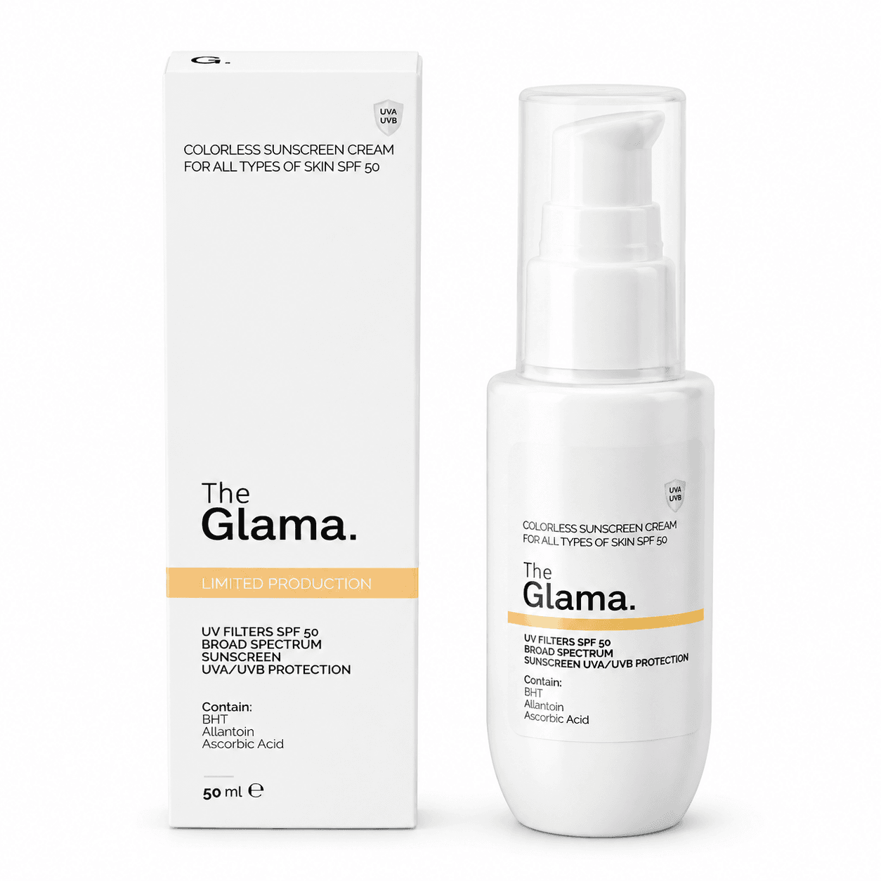 کرم ضد آفتاب گلاما GLAMA بی رنگ مدل BROAD SPECTRUM مناسب انواع پوست SPF50 حجم ۵۰ میلی لیتر — تصویر ۲
