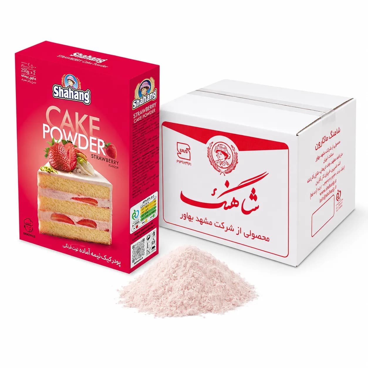 پودر کیک توت فرنگی ۵۰۰ گرم شاهنگ (کارتن 12 عددی)
