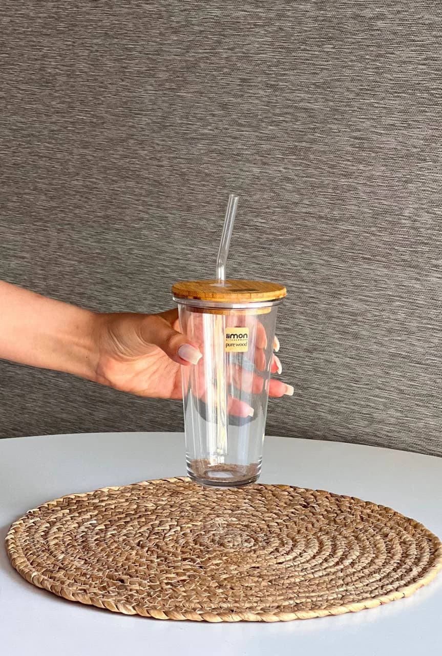 لیوان شیکر شیشه ای درب چوبی 380 میل لیمون کد 2515 — تصویر ۴