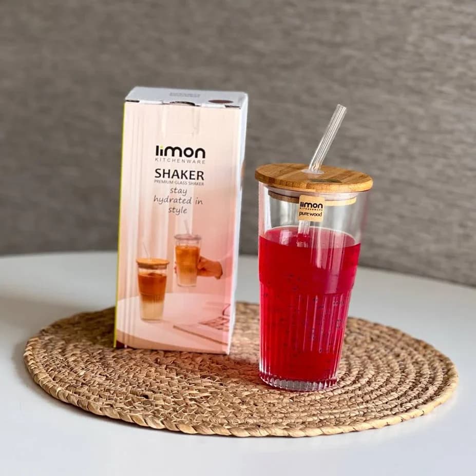لیوان شیکر شیشه ای درب چوبی 500 میل لیمون