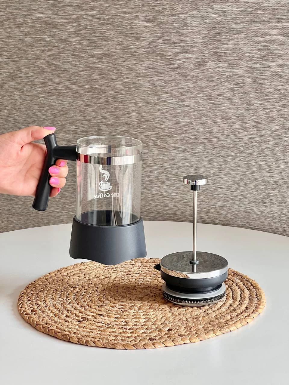 فرنچ پرس 600 میل One Coffee رنگ طوسی پررنگ- درب براق — تصویر ۲
