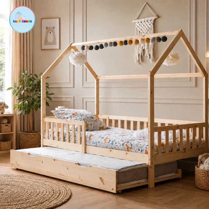تخت خواب کلبه ای کودک با کشوی مهمان — تصویر ۲