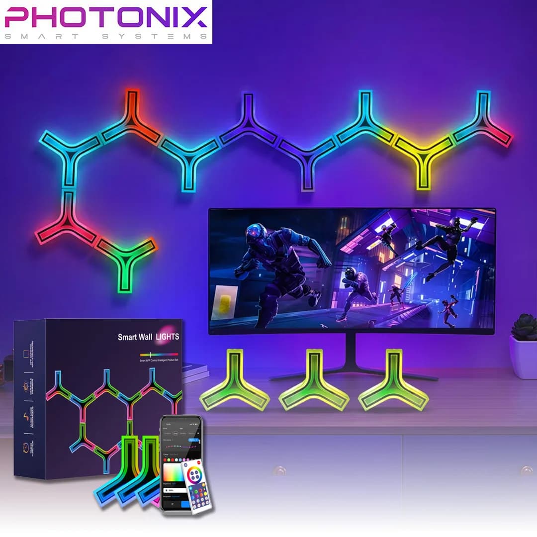 پنل دیواری 10 تکه هوشمند گیمینگ RGB فوتونیکس مدل PX-TUN-03 با اپلیکیشن موبایل و ریموت کنترل