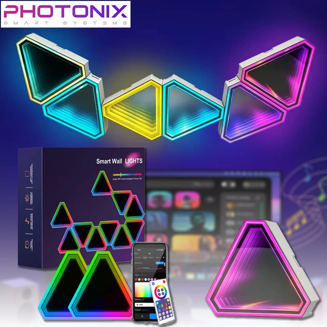 پنل دیواری 10 تکه هوشمند مثلثی RGB فوتونیکس مدل PX-TUN-02 با اپلیکیشن موبایل و ریموت کنترل