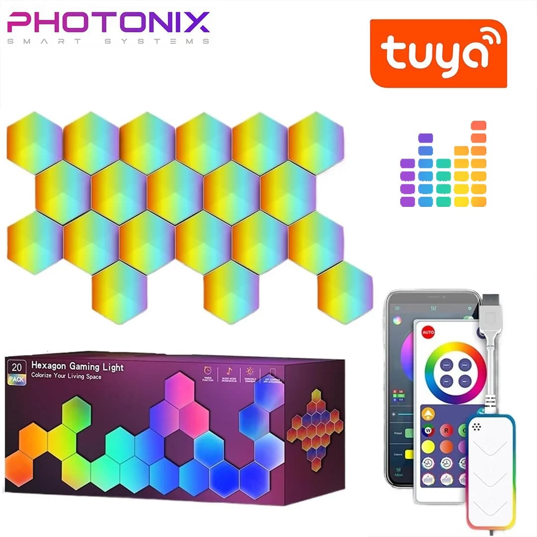 پنل دیواری هوشمند شش ضلعی 20 تکه RGB فوتونیکس مدل PX-HXA-05 با تکنولوژی Tuya اپلیکیشن موبایل و ریموت کنترل