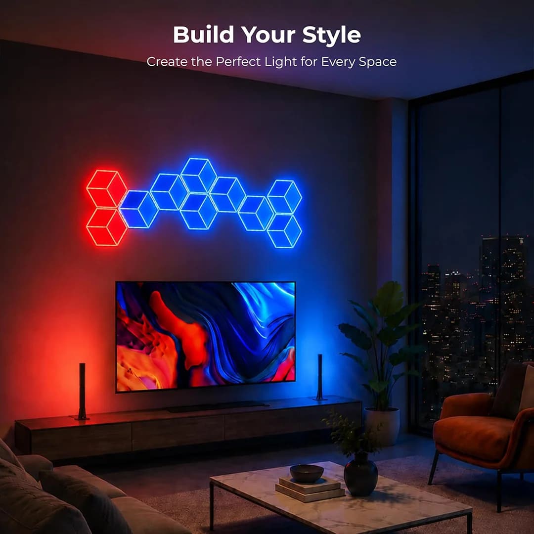 سینک‌کیت تلویزیون | پنل دیواری 6 تکه هوشمند شش ضلعی RGB فوتونیکس مدل PX-TSHL-55 با قابلیت سینک با تصویر تلویزیون (Sync Box Kit) — تصویر ۴