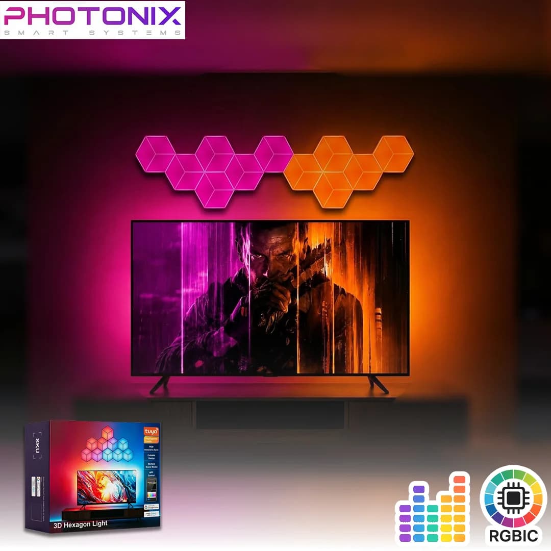 سینک‌کیت تلویزیون | پنل دیواری 6 تکه هوشمند شش ضلعی RGB فوتونیکس مدل PX-TSHL-55 با قابلیت سینک با تصویر تلویزیون (Sync Box Kit)