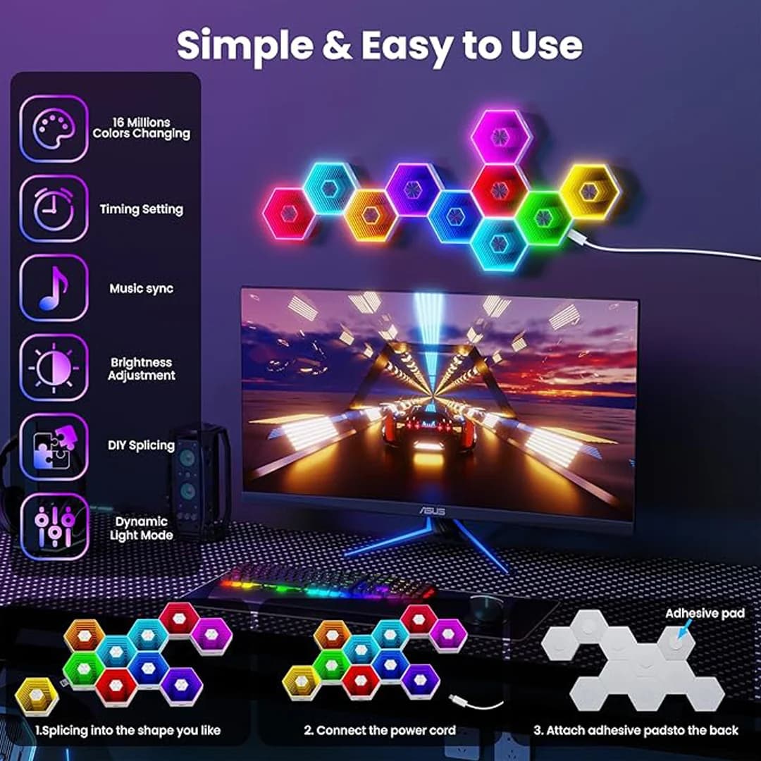 پنل دیواری 12 تکه هوشمند شش ضلعی RGB فوتونیکس مدل PX-TUN-01 با اپلیکیشن موبایل و ریموت کنترل — تصویر ۳