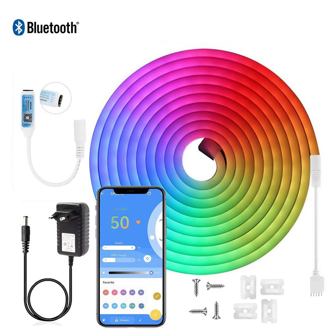 پک کامل ریسه نئون فلکسی 2.5 متری فول کالر RGB موزیکال هوشمند – به همراه اپلیکیشن تلفن همراه مدل FM-J-01