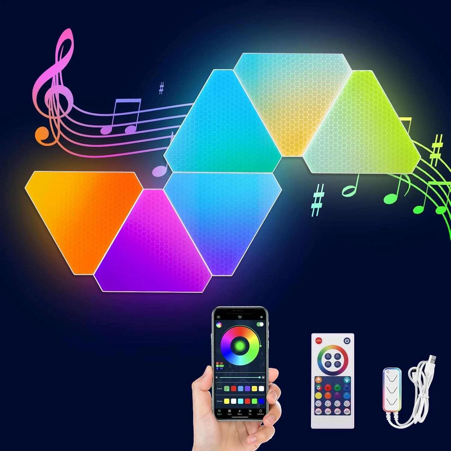 پنل دیواری هوشمند مثلثی 10 تکه RGB فوتونیکس مدل PX-TRI-03 همراه ریموت و اپلیکیشن موبایل — تصویر ۲