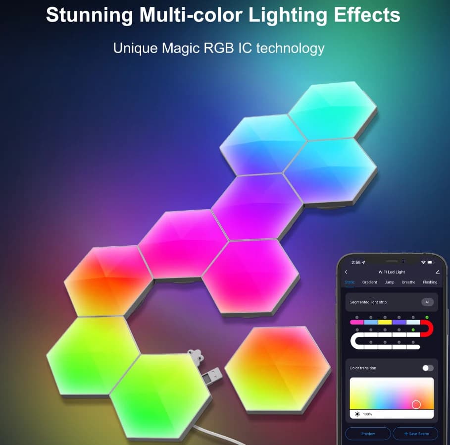 پنل دیواری هوشمند شش ضلعی 6 تکه RGB فوتونیکس مدل PX-HXA-02 همراه ریموت و اپلیکیشن موبایل — تصویر ۲