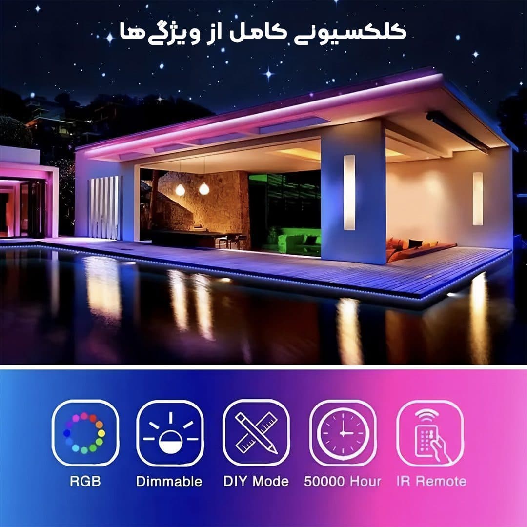 پک کامل ریسه RGB هوشمند 5 متری مدل Double Glow مدل SN-D-1 فول کالر – حساس به صدا با اپلیکیشن حرفه ای تلفن همراه — تصویر ۴