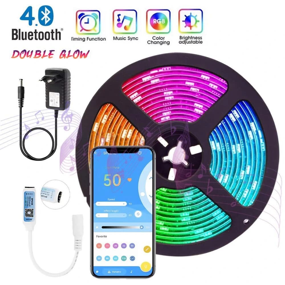 پک کامل ریسه RGB هوشمند 5 متری مدل Double Glow مدل SN-D-1 فول کالر – حساس به صدا با اپلیکیشن حرفه ای تلفن همراه — تصویر ۹