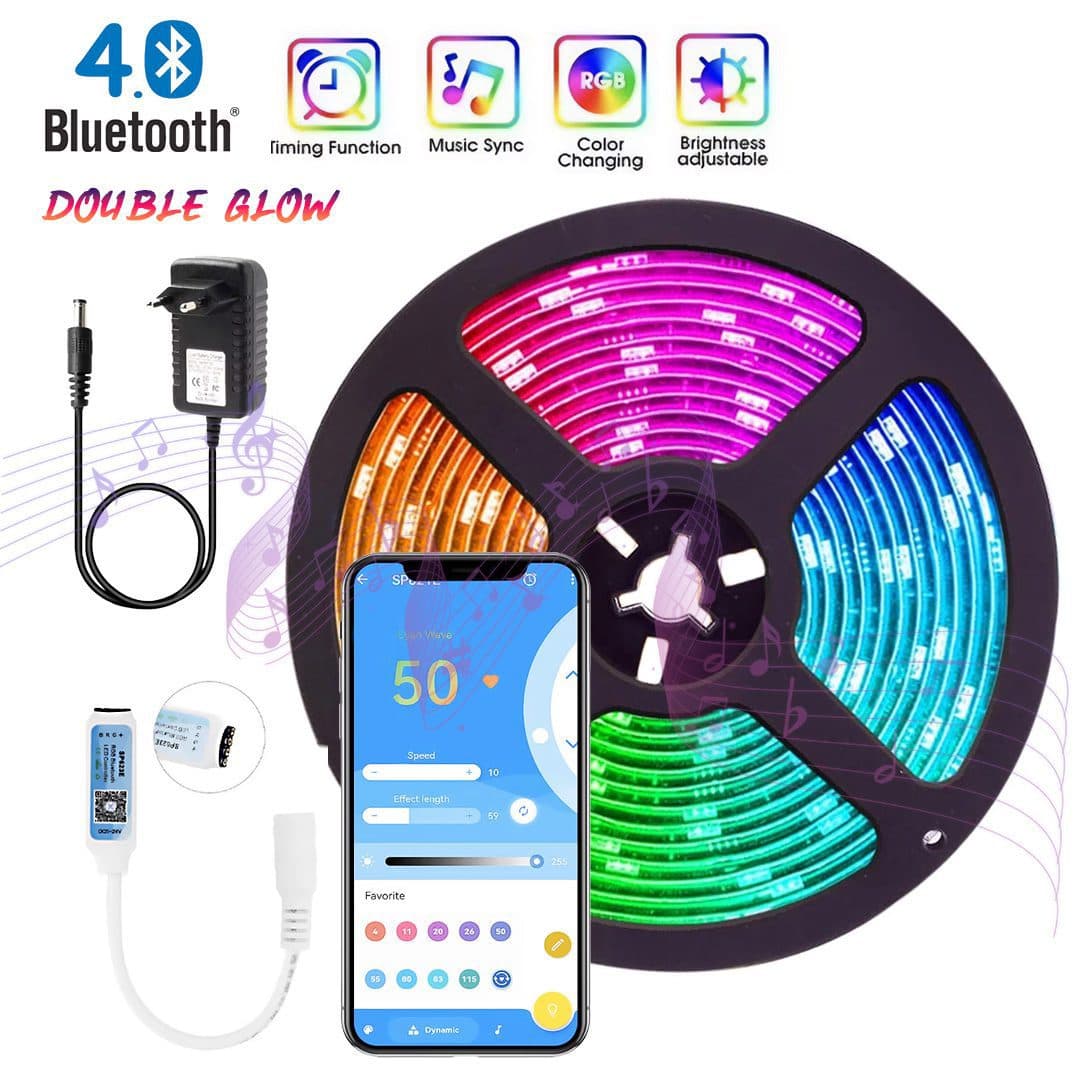 پک کامل ریسه RGB هوشمند 5 متری مدل Double Glow مدل SN-D-1 فول کالر – حساس به صدا با اپلیکیشن حرفه ای تلفن همراه