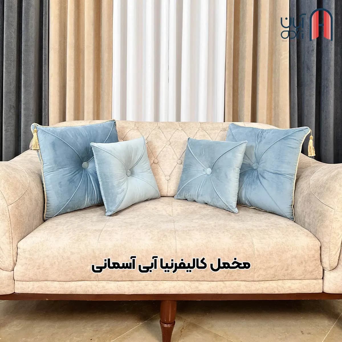 کوسن نوار دوزی مخمل کالیفرنیا آبی آسمانی — تصویر ۲