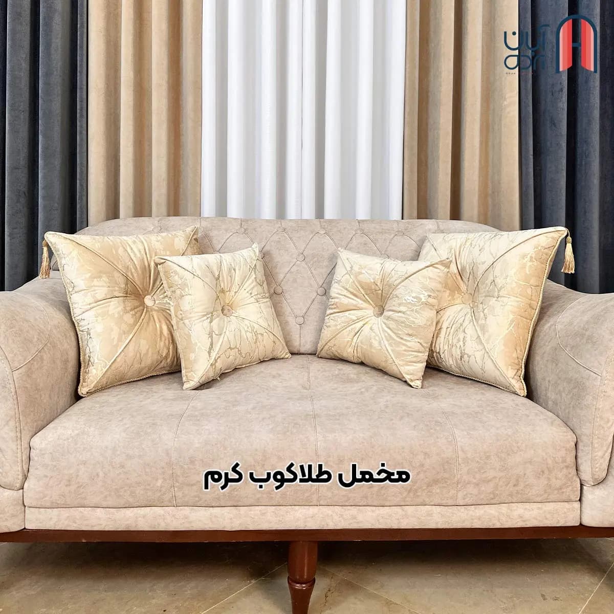کوسن نوار دوزی مخمل طلاکوب کرم — تصویر ۲