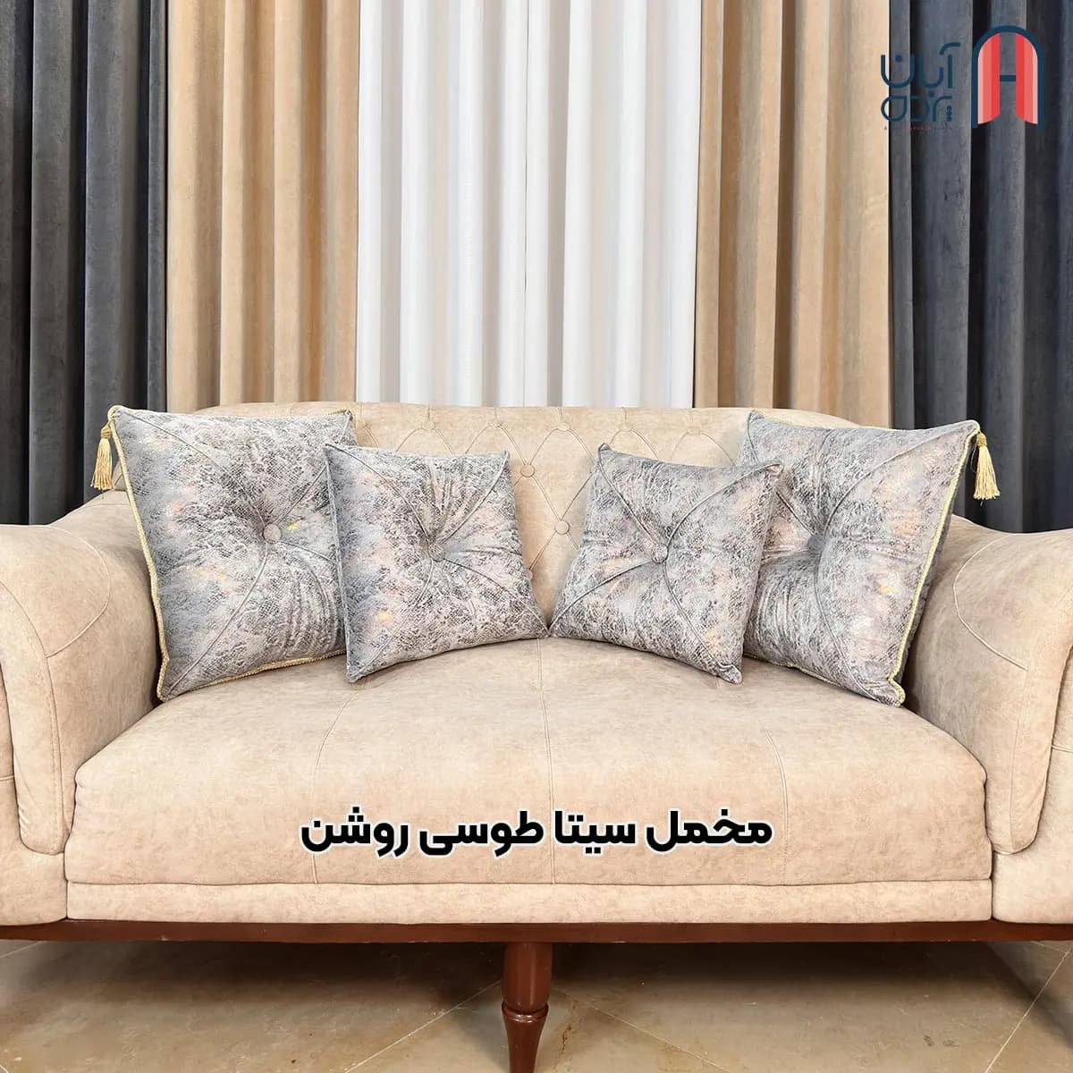 کوسن نوار دوزی مخمل سیتا طوسی روشن — تصویر ۲