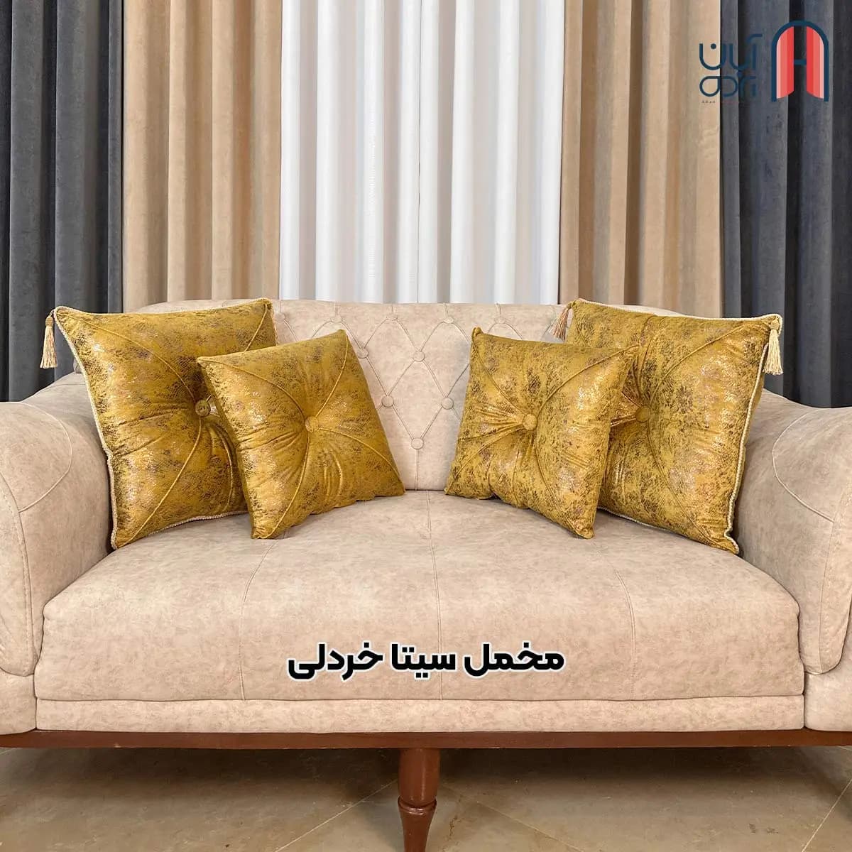 کوسن نوار دوزی مخمل سیتا خردلی — تصویر ۲