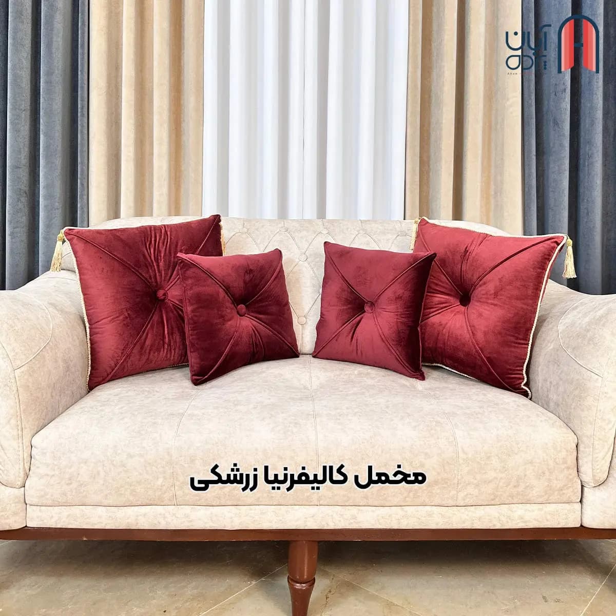 کوسن نوار دوزی مخمل کالیفرنیا زرشکی — تصویر ۲