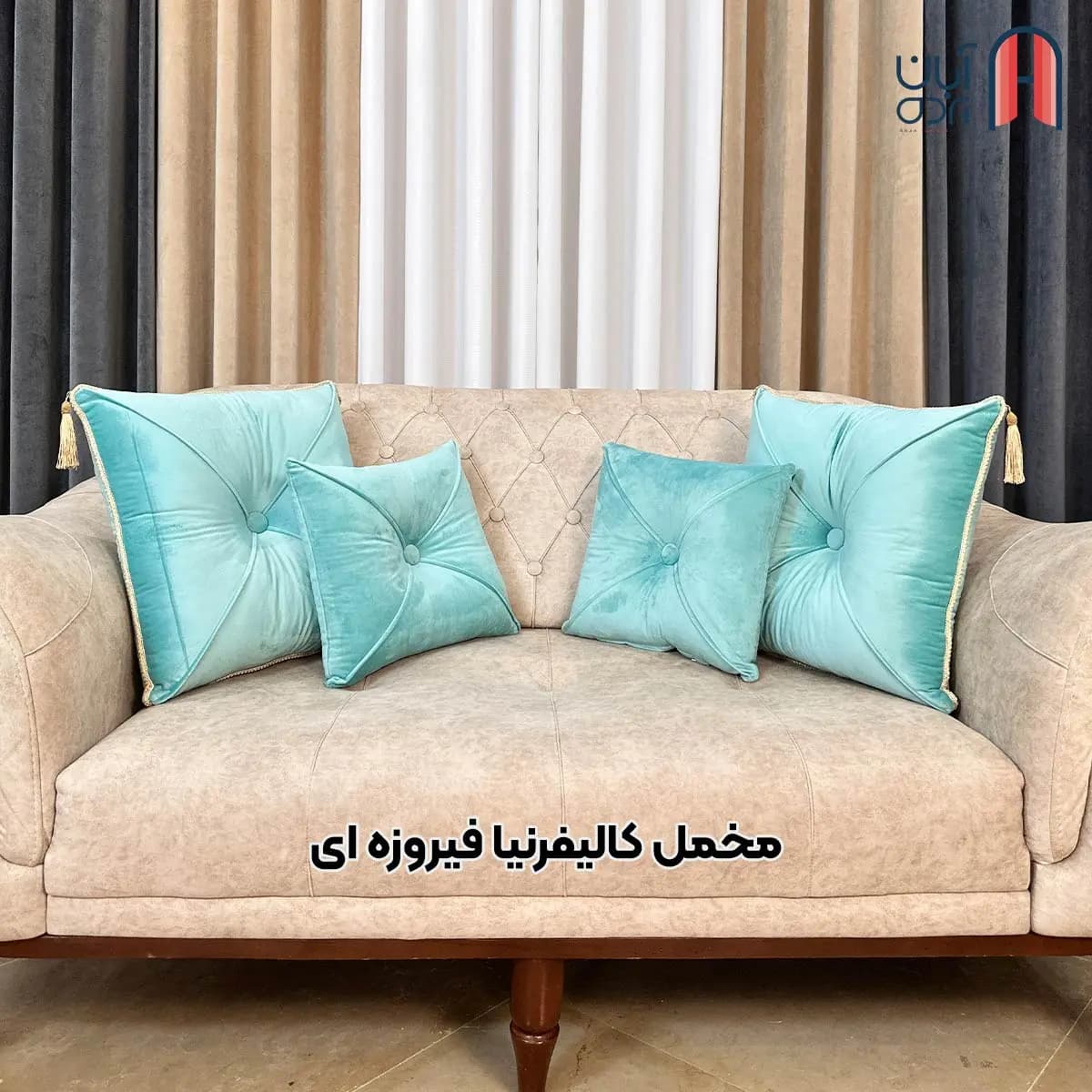 کوسن نوار دوزی مخمل کالیفرنیا آبی فیروزه ای — تصویر ۲