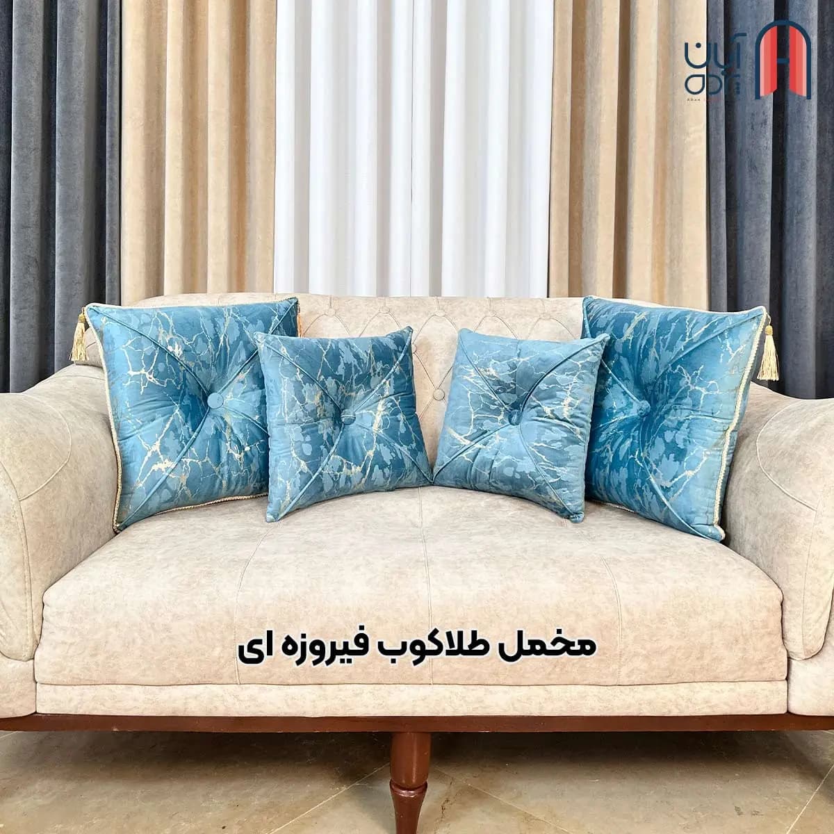 کوسن نوار دوزی مخمل طلاکوب فیروزه ای — تصویر ۲