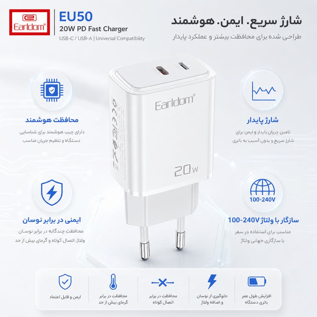شارژر دیواری Earldom EU50؛ شارژ سریع 20 وات — تصویر ۴