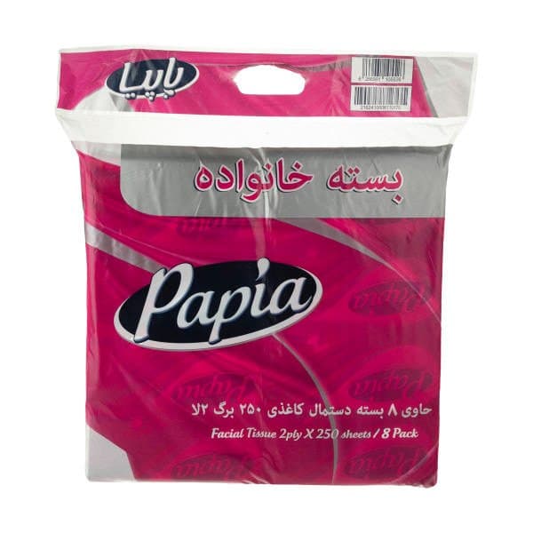 دستمال کاغذی 2 لایه 250 برگ پاپیا بسته 8 عددی