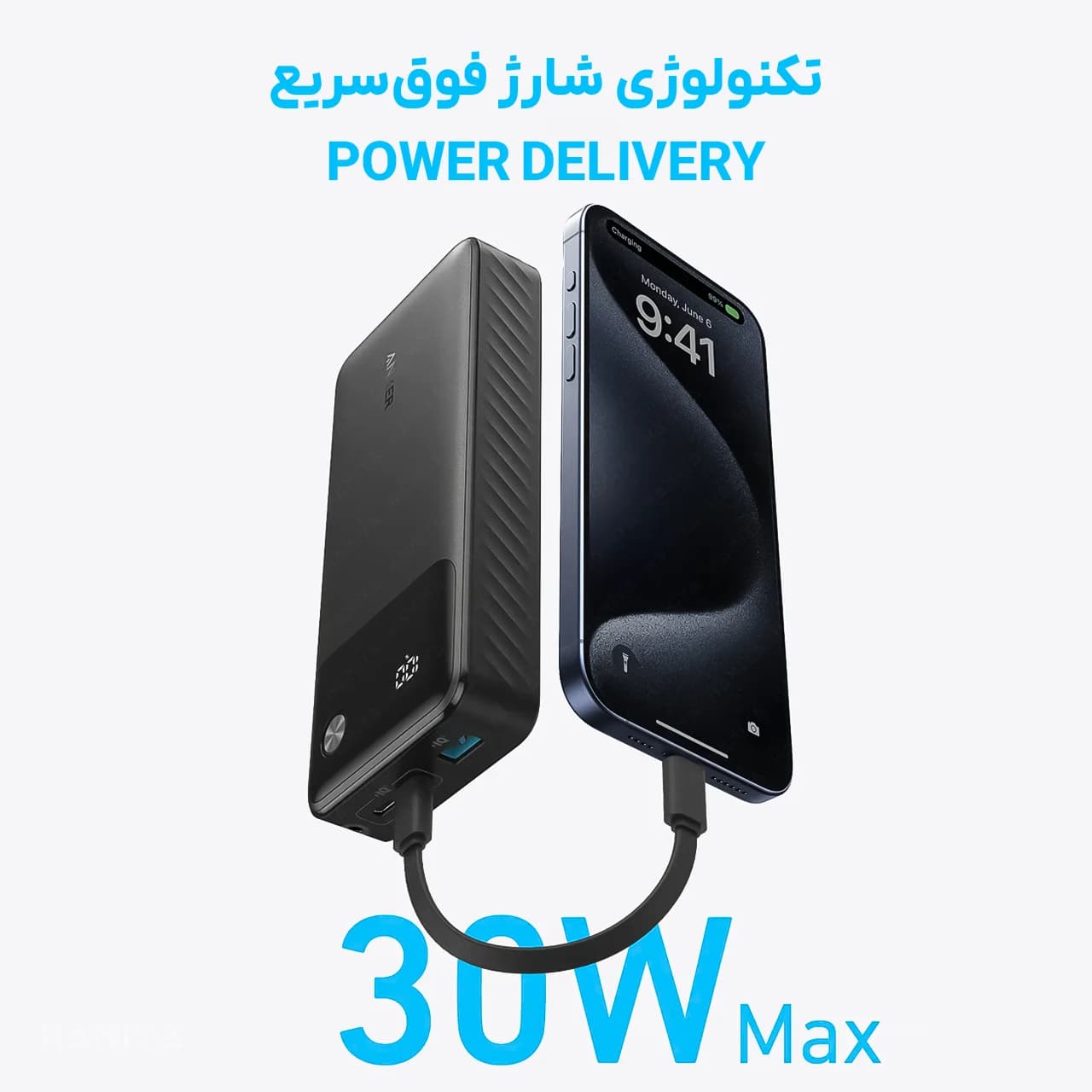 پاوربانک انکر مدل A1384 با ظرفیت 20000 میلی آمپر ساعت، کابل تایپ سی به تایپ سی و توان 30 وات — تصویر ۳