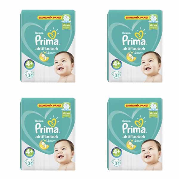 پوشک پریما پمپرز ترک سایز +4 چهار بسته 34 عددی