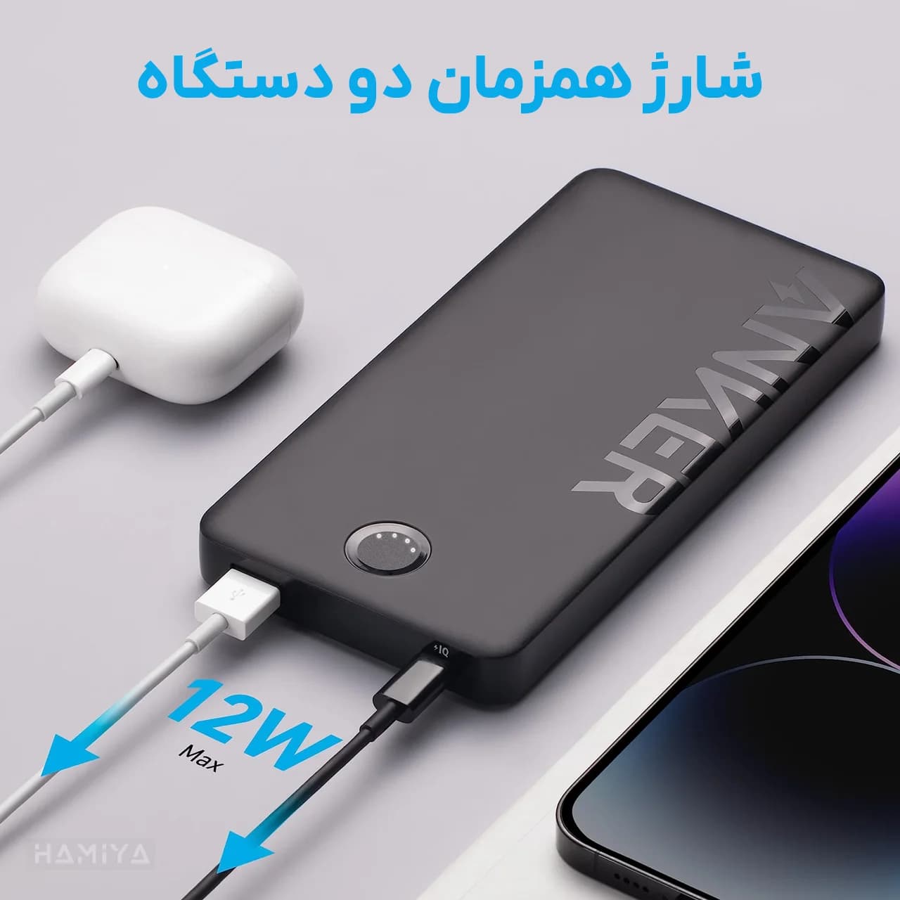 پاوربانک انکر مدل A1334 با ظرفیت 10000 میلی آمپر ساعت، کابل USB به تایپ سی و توان 12 وات — تصویر ۶