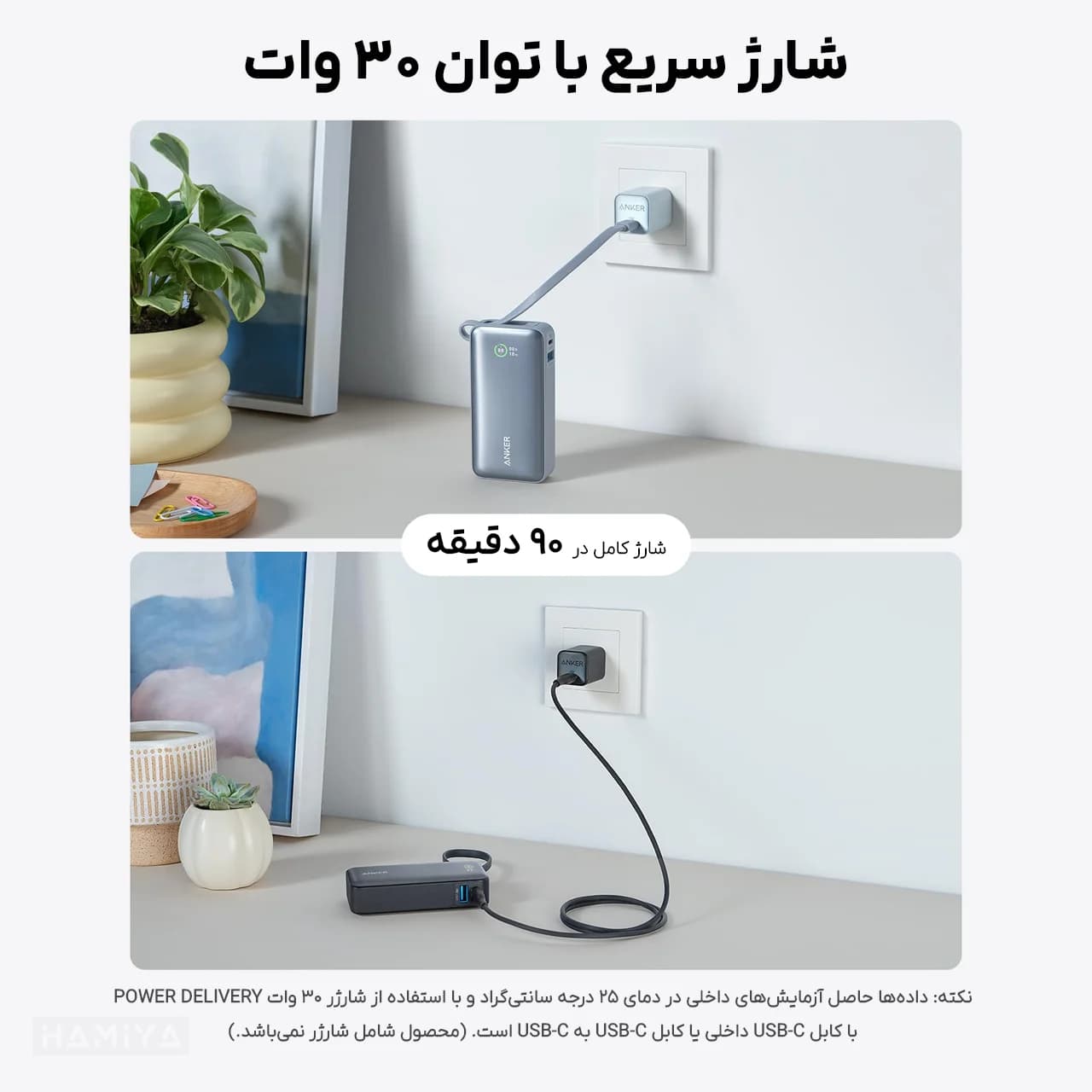 پاوربانک انکر مدل A1259 با ظرفیت 10000 میلی آمپر ساعت، کابل داخلی تایپ سی و توان 30 وات — تصویر ۶