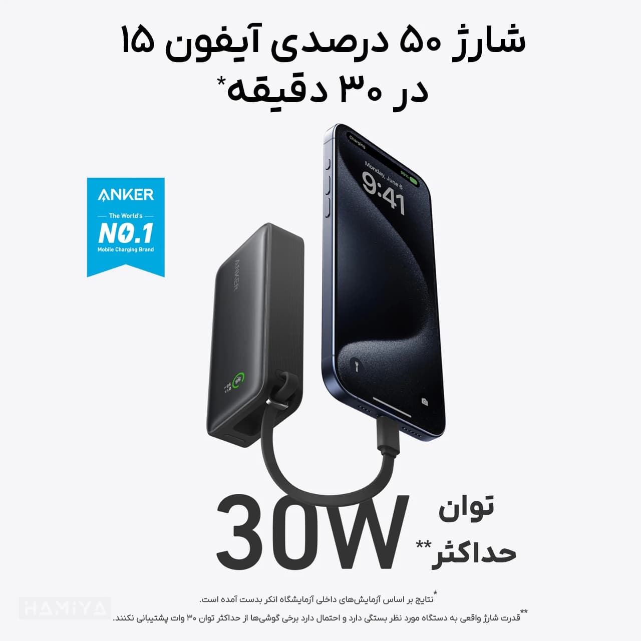 پاوربانک انکر مدل A1259 با ظرفیت 10000 میلی آمپر ساعت، کابل داخلی تایپ سی و توان 30 وات — تصویر ۳