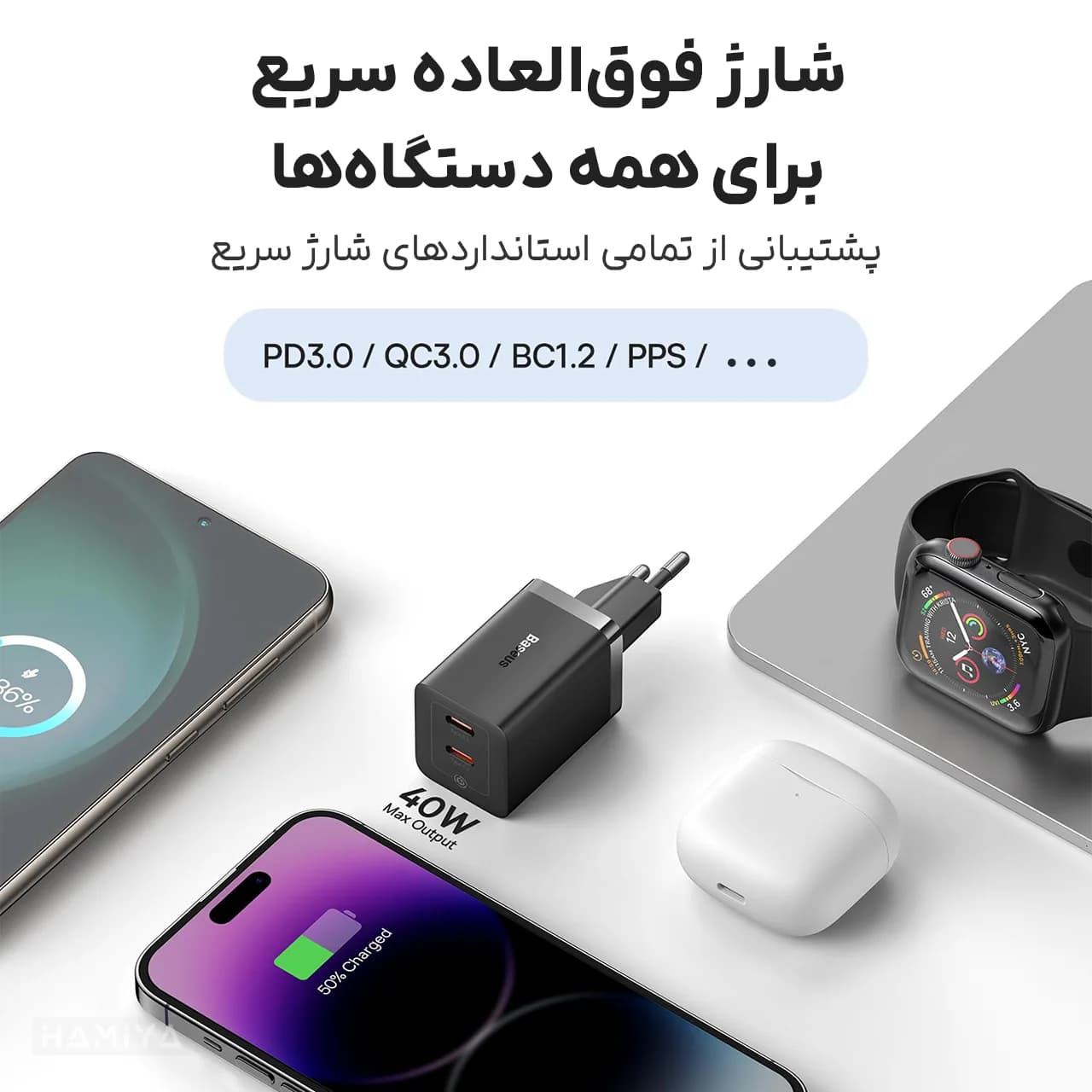 شارژر دیواری بیسوس مدل CCGAN40CE-M با توان خروجی 40 وات — تصویر ۶