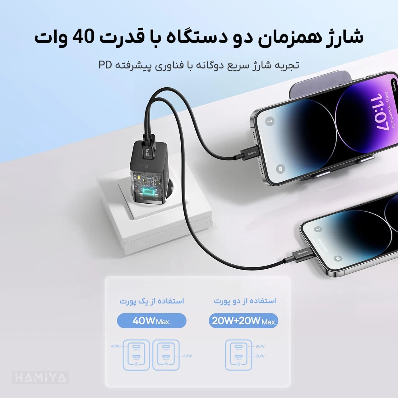 شارژر دیواری بیسوس مدل CCGAN40CE-M با توان خروجی 40 وات — تصویر ۲